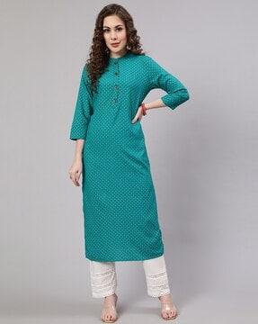 micro print band-collar straight kurta