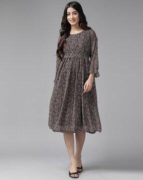 micro-print fit & flare dress