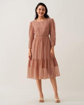 micro-print fit and flare dress