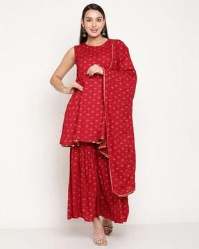 micro print flared kurta & sharara with dupatta