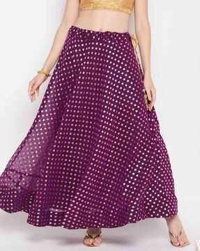 micro print flared skirt with drawstring waist