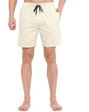 micro print flat-front shorts with drawstring waist