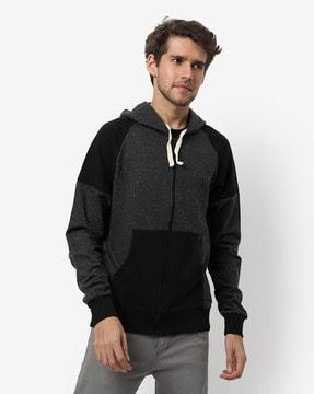 micro print hoodie with zip front closure