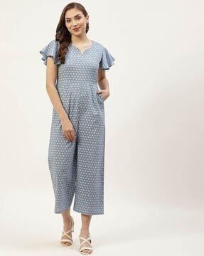 micro print jumpsuit with bell sleeves
