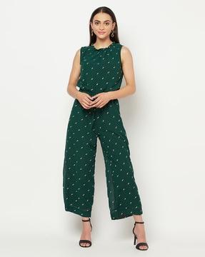 micro print jumpsuit with tie-up waist