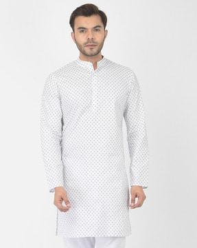 micro print long kurta with mandarin-collar