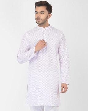 micro print long kurta with mandarin-collar