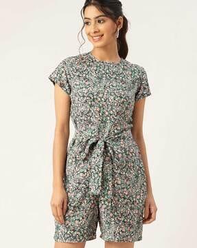 micro print playsuit with waist tie-up