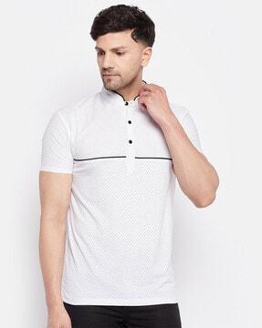 micro print polo t-shirt with band collar