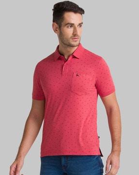 micro print polo t-shirt with patch pocket