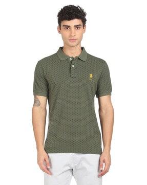 micro print polo t-shirt with ribbed hem