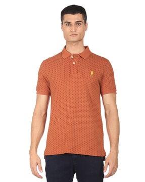 micro print polo t-shirt with ribbed hem