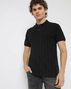 micro print polo t-shirt with vented hemline