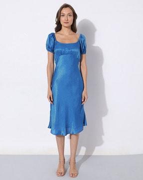 micro print puff-sleeve fit & flare dress