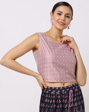 micro print round-neck crop top