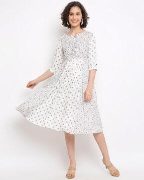 micro print round-neck fit & flare dress