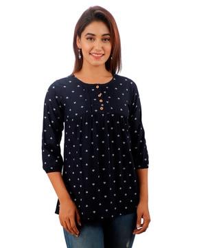 micro print round-neck fitted top