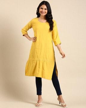 micro-print round-neck straight kurta