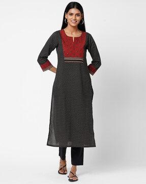 micro print round-neck straight kurta