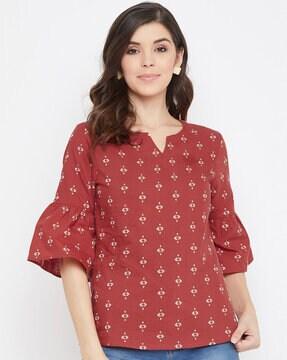 micro print round-neck top with flounce sleeves