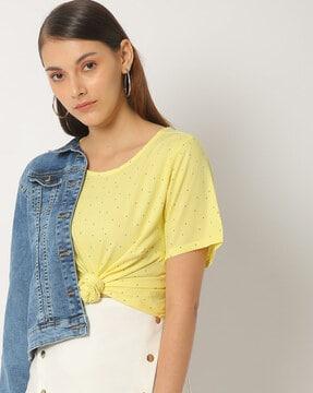 micro print round-neck top