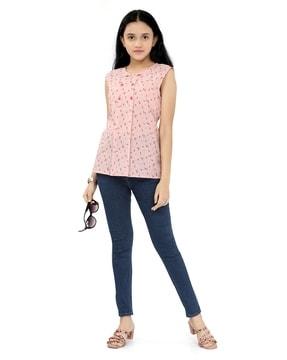 micro print round-neck top