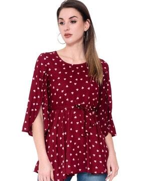 micro print round-neck tunic with tie-up