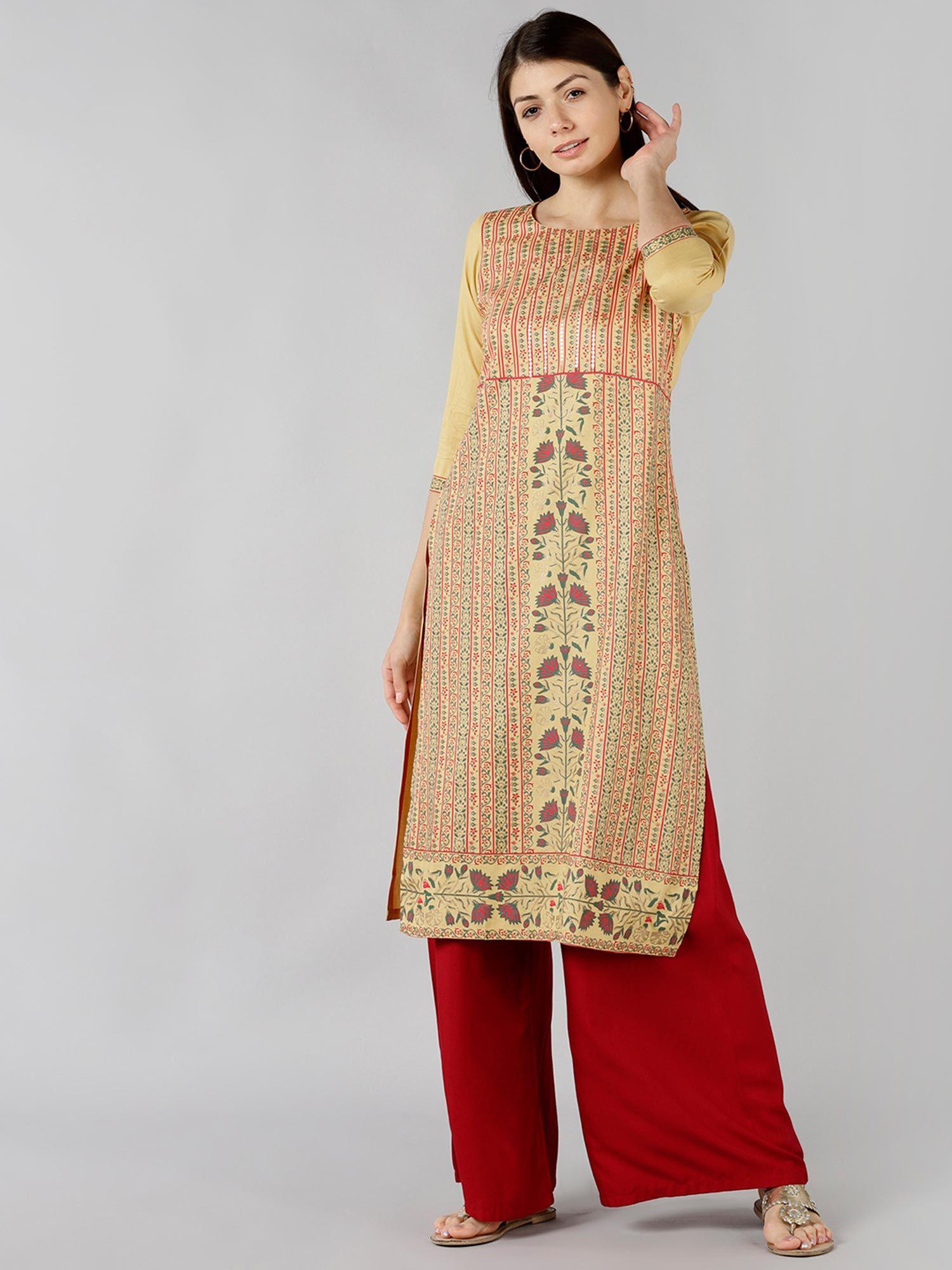 micro print round neck womens kurti