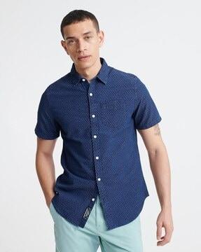 micro print shirt with patch pocket