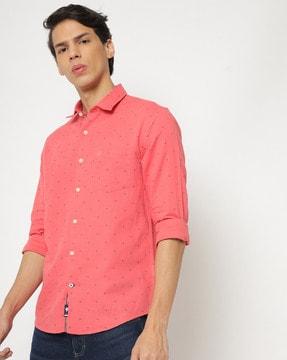 micro print shirt with patch pocket