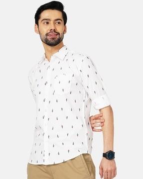 micro print shirt with patch pocket