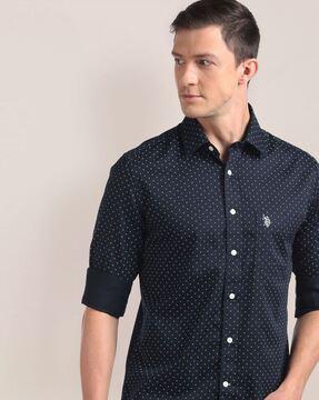 micro print shirt with patch pocket