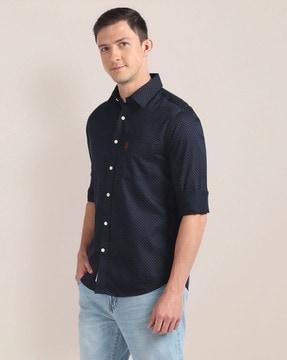 micro print shirt with patch pocket