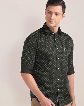 micro print shirt with patch pocket