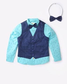 micro print shirt with vest & bow tie