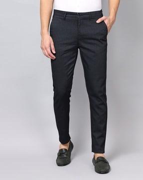 micro print slim fit flat-front trousers