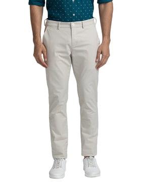 micro print slim fit flat-front trousers