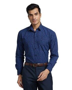 micro print slim fit shirt with spread collar