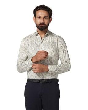 micro print slim fit shirt with spread collar