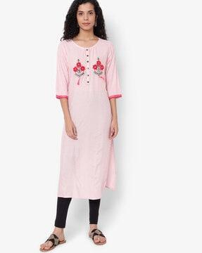 micro print straight kurta with embroidery