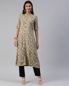 micro print straight kurta with roll-up sleeves