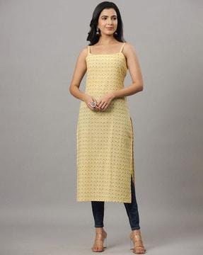 micro print straight kurta with strappy sleeves