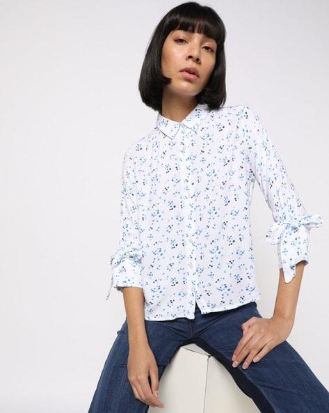 micro print top with tie-up sleeves