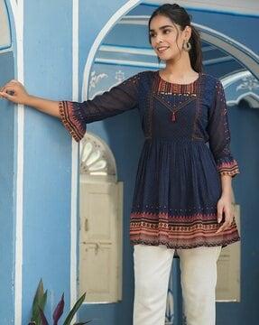micro print tunic with bell sleeves