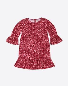 micro print tunic with flounce sleeves