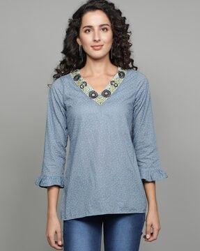 micro print v-neck a-line tunic