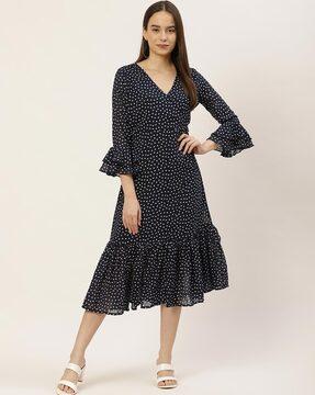 micro print v-neck fit & flare dress