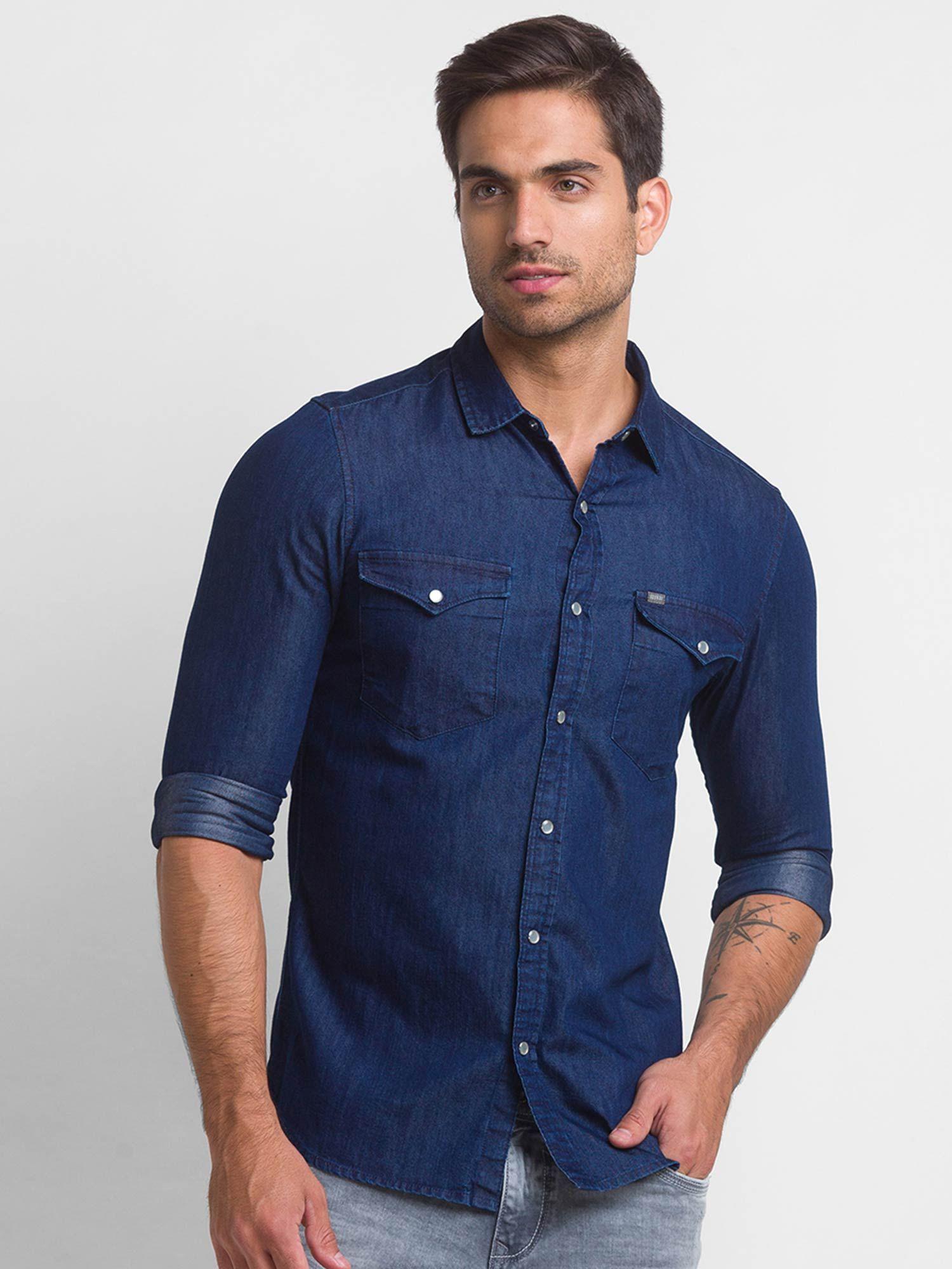 mid blue cotton full sleeve denim shirt for men