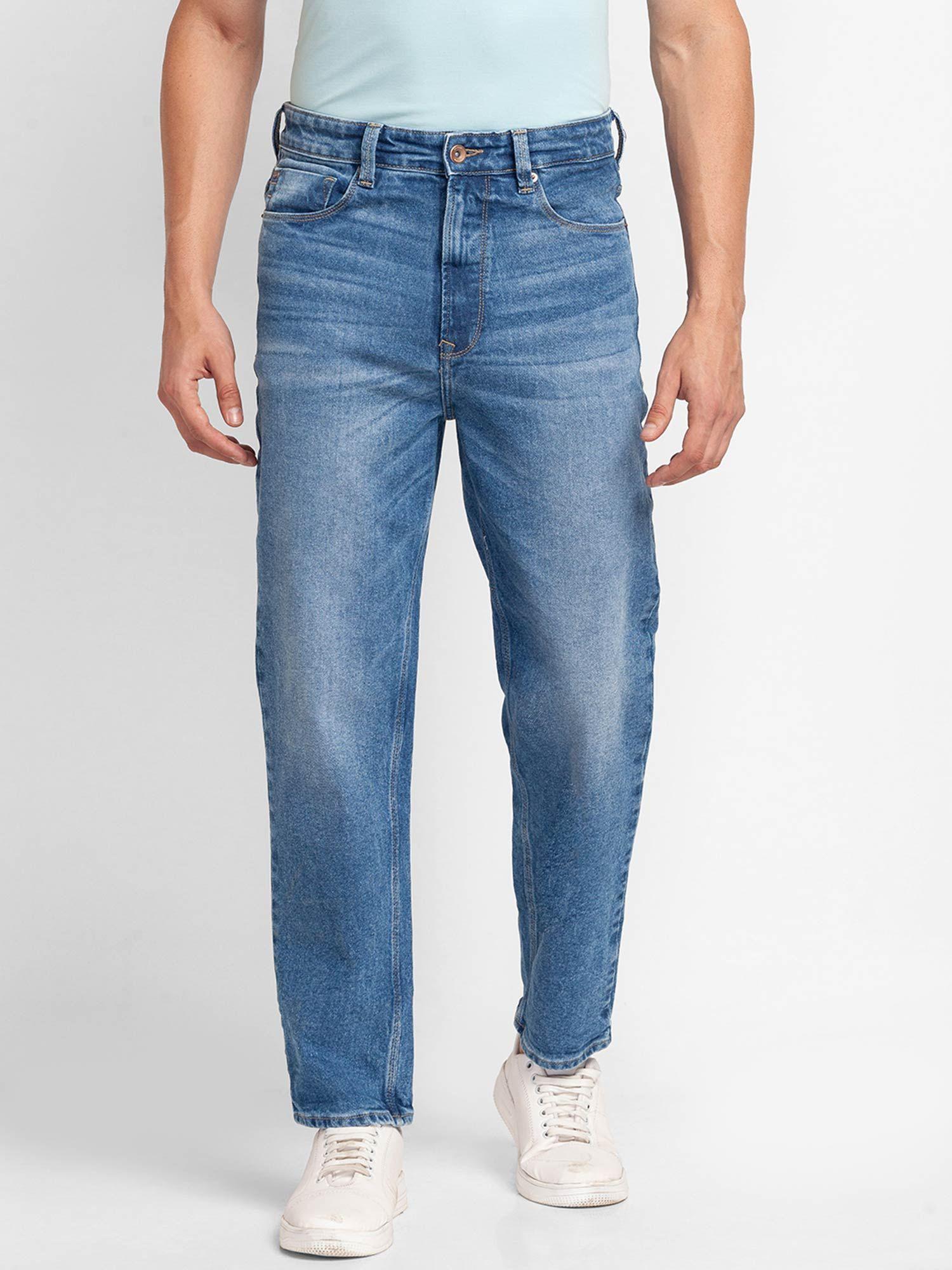 mid blue cotton loose fit regular length jeans for men (renato)