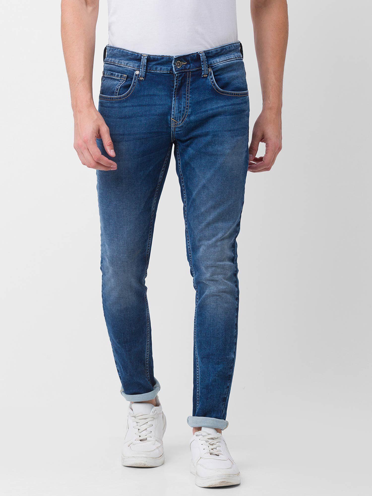 mid blue cotton super slim fit tapered length jeans for men (super skinny)